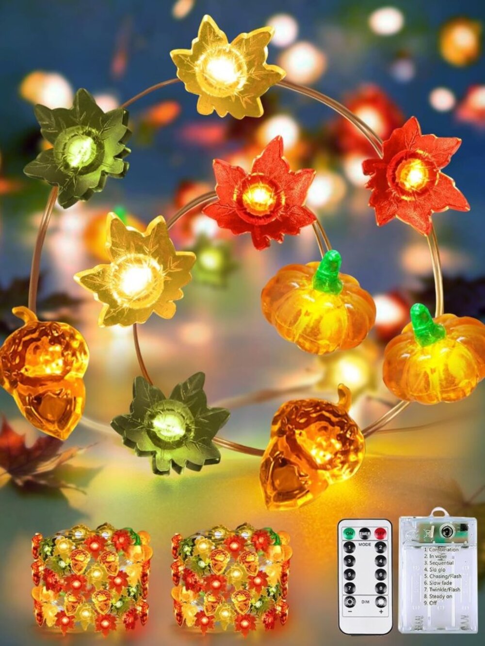 30 LED Fall String Lights - 2 Pack, Battery Operated with Remote Control, Autumn